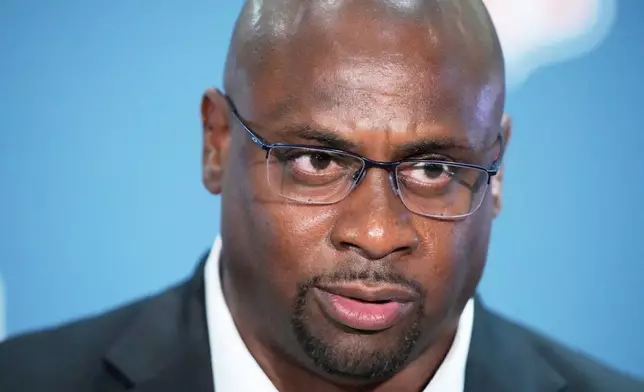 Troy Vincent speaks during a news conference at an NFL football owners meeting on Wednesday, Aug. 26, 2026, in Atlanta. (AP Photo/Brynn Anderson)