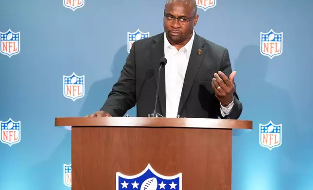 Troy Vincent speaks during a news conference at an NFL football owners meeting on Wednesday, Aug. 26, 2026, in Atlanta. (AP Photo/Brynn Anderson)