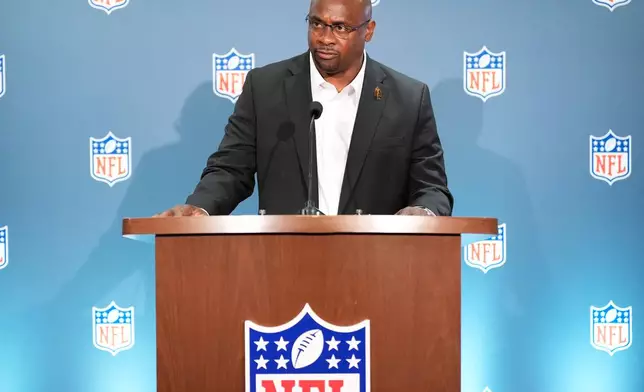 Troy Vincent speaks during a news conference at an NFL football owners meeting on Wednesday, Aug. 26, 2026, in Atlanta. (AP Photo/Brynn Anderson)