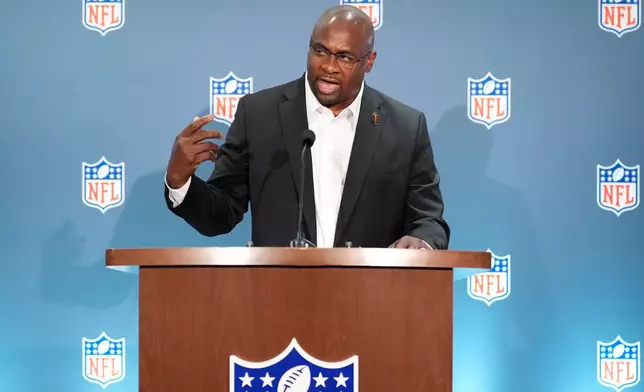 Troy Vincent speaks during a news conference at an NFL football owners meeting on Wednesday, Aug. 26, 2026, in Atlanta. (AP Photo/Brynn Anderson)