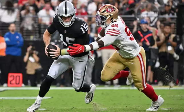 San Francisco 49ers defensive end Keion White (56) sacks Las Vegas Raiders quarterback Fernando Mendoza (15) during the first half of an NFL preseason football game, Thursday, Aug. 27, 2026}, in Las Vegas. (AP Photo/David Becker)