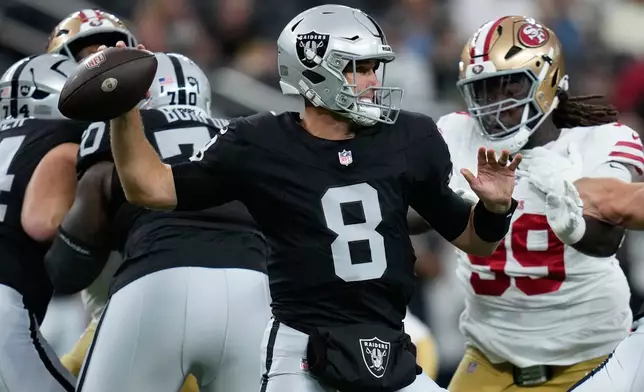 Las Vegas Raiders quarterback Kirk Cousins (8) throws during the first half of an NFL preseason football game against the San Francisco 49ers, Thursday, Aug. 27, 2026}, in Las Vegas. (AP Photo/John Locher)
