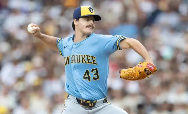 Milwaukee Brewers starting pitcher Logan Henderson works against a San Diego Padres batter in the first inning of a baseball game Monday, Aug. 10, 2026, in San Diego. (AP Photo/Karl Anderson)