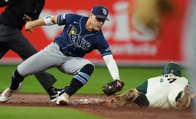 Baltimore Orioles' Colton Cowser, right, is caught stealing second base by Tampa Bay Rays shortstop Taylor Walls, front left, during the second inning of a baseball game, Friday, Aug. 21, 2026, in Baltimore. (AP Photo/Stephanie Scarbrough)