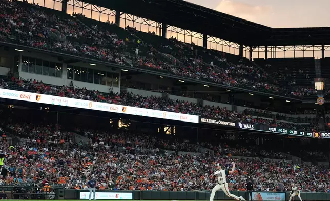 Baltimore Orioles starting pitcher Trevor Rogers (28) delivers during the second inning of a baseball game against the Tampa Bay Rays, Friday, Aug. 21, 2026, in Baltimore. (AP Photo/Stephanie Scarbrough)