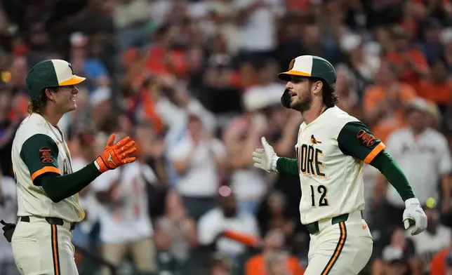 Baltimore Orioles' Dylan Beavers (12) celebrates with Coby Mayo, left, after hitting a home run during the second inning of a baseball game against the Tampa Bay Rays, Friday, Aug. 21, 2026, in Baltimore. (AP Photo/Stephanie Scarbrough)