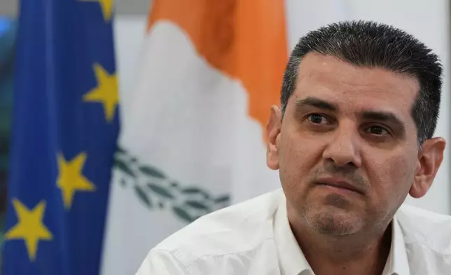 Cyprus' Energy Minister Michael Damianos looks on during an interview with The Associated Press in Nicosia, Cyprus, on Aug. 7, 2026. (AP Photo/Petros Karadjias)