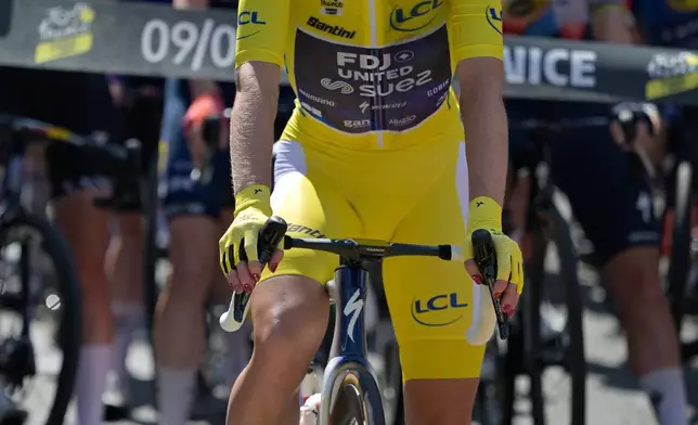 Netherlands' Demi Vollering prepares for the start of the ninth stage of the Women's Tour de France cycling race (Tour de France Femmes) in Nice, France, Sunday, Aug. 9, 2026. (AP Photo/Philippe Magoni)
