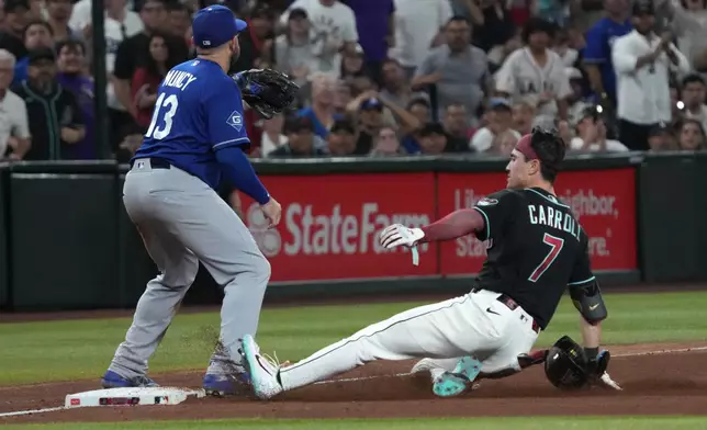 Arizona Diamondbacks' Corbin Carroll (7) slides into thirdbase after hitting an RBI triple under the tag by Los Angeles Dodgers third baseman Max Muncy in the ninth inning of a baseball game, Saturday, Aug. 8, 2026, in Phoenix. (AP Photo/Rick Scuteri)