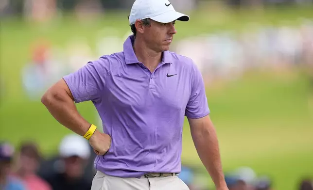 Rory McIlroy, of Northern Ireland, waits to putt on the fifth green during the third round of the PGA Tour Championship golf tournament, Saturday, Aug 29, 2026, in Atlanta.(AP Photo/Mike Stewart)