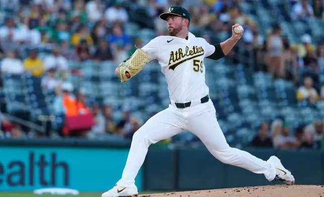 Athletics pitcher Jeffrey Springs throws during the first inning of a baseball game against the Minnesota Twins, Monday, Aug. 24, 2026, in West Sacramento, Calif. (AP Photo/Alan Greth)