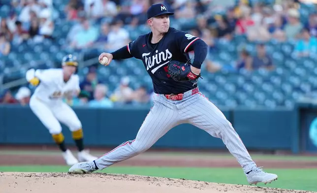 Minnesota Twins pitcher Zebby Matthews throws during the first inning of a baseball game against the Athletics, Monday, Aug. 24, 2026, in West Sacramento, Calif. (AP Photo/Alan Greth)