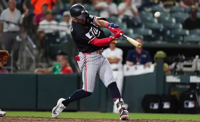 Minnesota Twins' Ryan Kreidler hits a solo home run in the top of the fifth inning during a baseball game against the Athletics, Monday, Aug. 24, 2026, in West Sacramento, Calif. (AP Photo/Alan Greth)