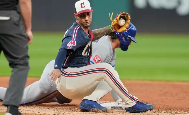 Cleveland Guardians shortstop Brayan Rocchio, left, tumbles over Kansas City Royals' Jac Caglianone, right, on a pick off attempt in the third inning of a baseball game in Cleveland, Friday, Aug. 28, 2026. (AP Photo/Sue Ogrocki)