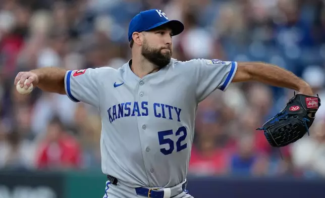 Kansas City Royals' Michael Wacha (52) pitches in the first inning of a baseball game against the Cleveland Guardians in Cleveland, Friday, Aug. 28, 2026. (AP Photo/Sue Ogrocki)