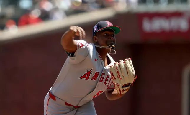 Los Angeles Angels pitcher José Soriano throws against the San Francisco Giants during the first inning of a baseball game in San Francisco, Sunday, July 26, 2026. (AP Photo/Jed Jacobsohn)