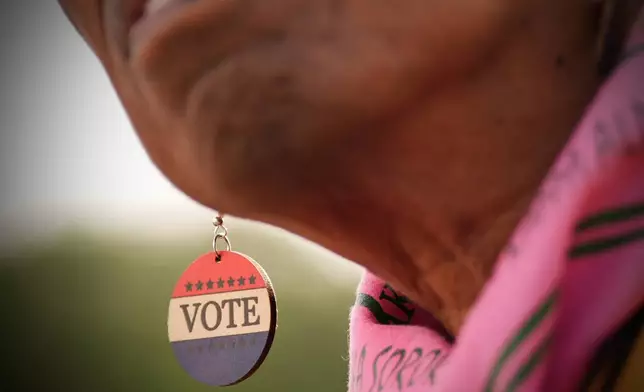 A demonstrator wears "Vote" earrings near the Lincoln Memorial before the March on Washington, Friday, Aug. 28, 2026, in Washington. (AP Photo/Julia Demaree Nikhinson)