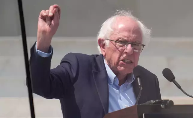 Sen. Bernie Sanders speaks during the March on Washington rally at the Lincoln Memorial on the National Mall, Friday, Aug. 28, 2026 in Washington. (AP Photo/Manuel Balce Ceneta)
