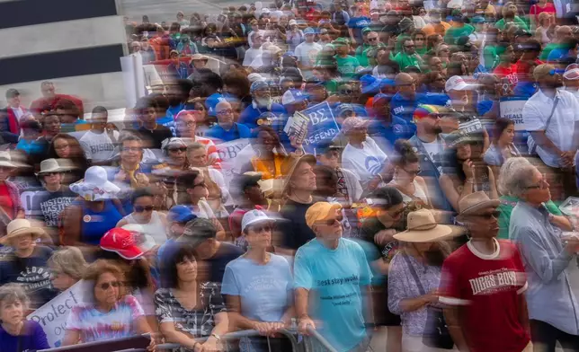 Demonstrators listen to speakers during the March on Washington, Friday, Aug. 28, 2026, near the Lincoln Memorial in Washington. (AP Photo/Julia Demaree Nikhinson)