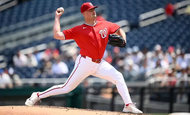 Washington Nationals pitcher Brad Lord throws during the third inning of a baseball game against the Cincinnati Reds, Sunday, Aug. 9, 2026, in Washington. (AP Photo/Nick Wass)