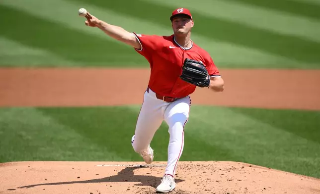 Washington Nationals pitcher Brad Lord throws during the second inning of a baseball game against the Cincinnati Reds, Sunday, Aug. 9, 2026, in Washington. (AP Photo/Nick Wass)