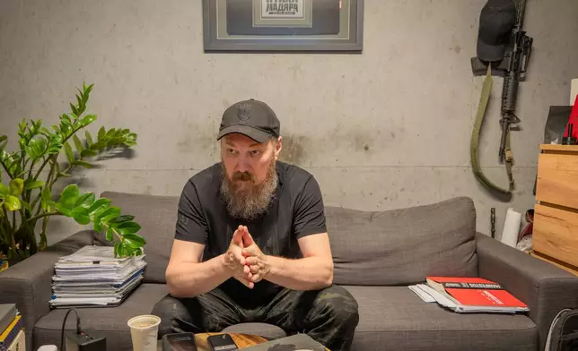 Maj. Robert "Magyar" Brovdi speaks during an interview with The Associated Press in an undisclosed location in Ukraine on Friday, Aug. 7, 2026. (AP Photo/Dan Bashakov)