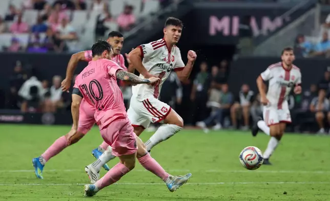 Inter Miami forward Leo Messi (10) takes a shot to score during the second half of an MLS soccer game against Toronto FC on Saturday, Aug. 22, 2026, in Miami. (AP Photo/David Santiago)