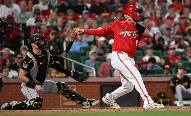 St. Louis Cardinals' Jimmy Crooks, right, watches his two-run home run in the third inning of a baseball game against the Pittsburgh Pirates, Friday, Aug. 28, 2026, in St. Louis. (AP Photo/Michael Thomas)