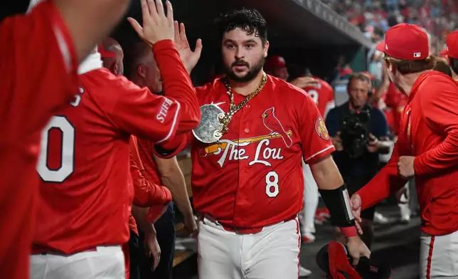 St. Louis Cardinals' Jimmy Crooks (8) celebrates with teammates after hitting a two-run home run against the Pittsburgh Pirates in the third inning of a baseball game Friday, Aug. 28, 2026, in St. Louis. (AP Photo/Michael Thomas)