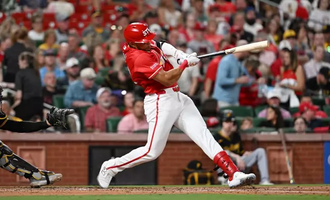 St. Louis Cardinals' Joshua Báez (22) hits a double in the fourth inning against the Pittsburgh Pirates on Friday, Aug. 28, 2026, in St. Louis. (AP Photo/Michael Thomas)