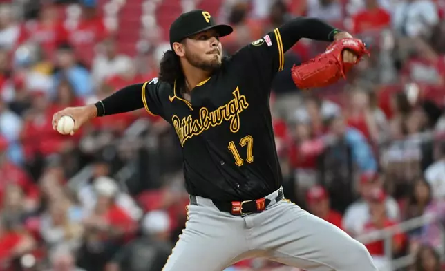 Pittsburgh Pirates' Jared Jones pitches in the first inning of a baseball game against the St. Louis Cardinals, Friday, Aug. 28, 2026, in St. Louis. (AP Photo/Michael Thomas)