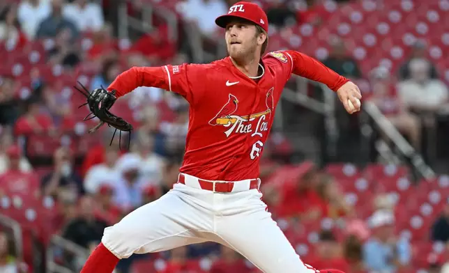 St. Louis Cardinals' Quinn Mathews pitches in the first inning of a baseball game against the Pittsburgh Pirates, Friday, Aug. 28, 2026, in St. Louis. (AP Photo/Michael Thomas)