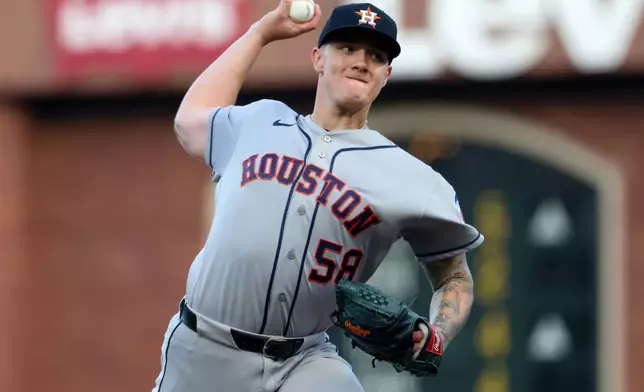 Houston Astros pitcher Hunter Brown (58) throws against the San Francisco Giants during the first inning of a baseball game in San Francisco, Tuesday, Aug. 11, 2026. (AP Photo/Jed Jacobsohn)
