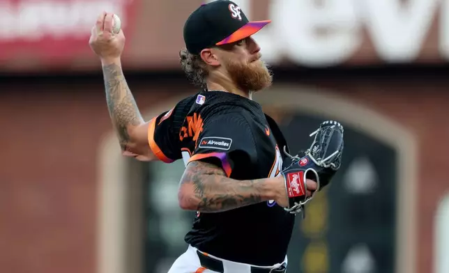 San Francisco Giants pitcher Carson Whisenhunt throws against the Houston Astros during the second inning of a baseball game in San Francisco, Tuesday, Aug. 11, 2026. (AP Photo/Jed Jacobsohn)