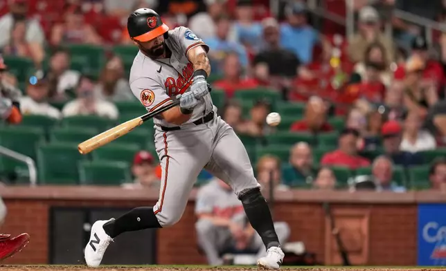 Baltimore Orioles' Christian Encarnacion-Strand hits an RBI double during the ninth inning of a baseball game against the St. Louis Cardinals Wednesday, Aug. 26, 2026, in St. Louis. (AP Photo/Jeff Roberson)