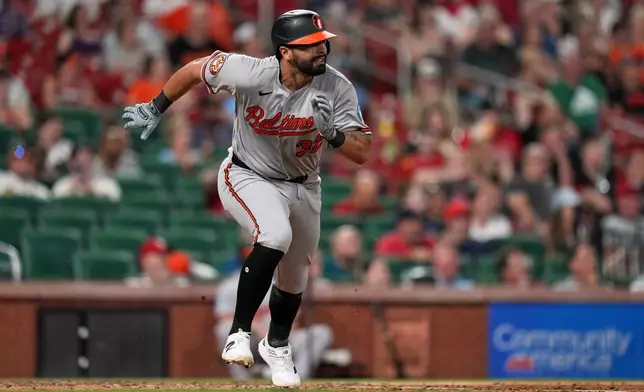Baltimore Orioles' Christian Encarnacion-Strand watches his RBI double during the ninth inning of a baseball game against the St. Louis Cardinals Wednesday, Aug. 26, 2026, in St. Louis. (AP Photo/Jeff Roberson)