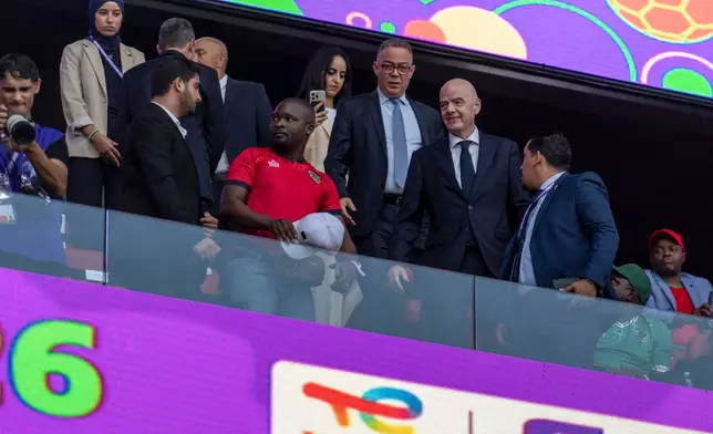 FIFA president Gianni Infantino attends the Women AFCON 2026 final soccer match between Cameroon and Malawi, in Rabat, Morocco, Sunday, Aug. 16, 2026. (AP Photo)