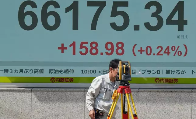 A surveyor works in front of a stock market chart Monday, Aug. 24, 2026 in Tokyo. (AP Photo/Eugene Hoshiko)