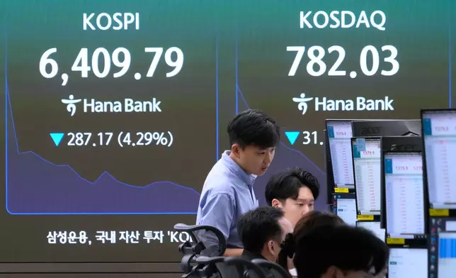 Currency traders watch monitors near a screen showing the Korea Composite Stock Price Index (KOSPI) and the foreign exchange rate between U.S. dollar and South Korean won at the foreign exchange dealing room of the Hana Bank headquarters in Seoul, South Korea, Tuesday, Aug. 25, 2026. (AP Photo/Ahn Young-joon)