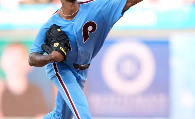 Philadelphia Phillies' Cristopher Sánchez pitches during the first inning of a baseball game against the Washington Nationals Thursday, Aug. 6, 2026, in Philadelphia. (AP Photo/Matt Slocum)