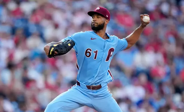 Philadelphia Phillies' Cristopher Sánchez pitches during the second inning of a baseball game against the Washington Nationals Thursday, Aug. 6, 2026, in Philadelphia. (AP Photo/Matt Slocum)