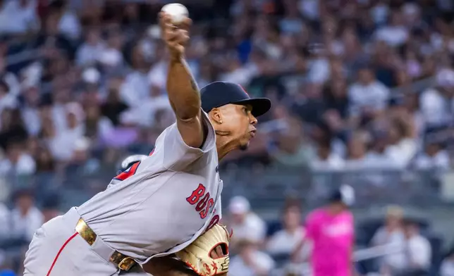Boston Red Sox pitcher Brayan Bello throws in the second inning during the second baseball game of a doubleheader against the New York Yankees, Saturday, Aug. 29, 2026, in New York. (AP Photo/Corey Sipkin)