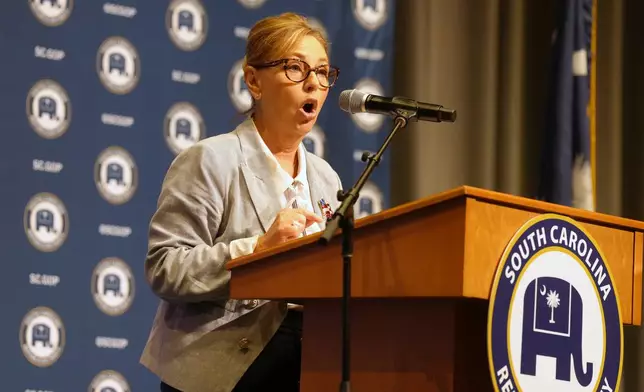 Sen. Darline Graham, R-S.C., speaks at a South Carolina Republican Senate candidate stump event ahead of the special GOP primary to replace her late brother, Sen. Lindsey Graham, R-S.C., Saturday, Aug. 1, 2026, in Lexington, S.C. (AP Photo/Meg Kinnard)