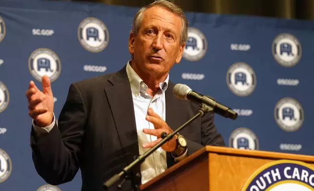 Former Gov. Mark Sanford, R-S.C., speaks at a Senate candidate stump event to ahead of a special GOP primary to select a replacement for the late Sen. Lindsey Graham, R-S.C., Saturday, Aug. 1, 2026, in Lexington, S.C. (AP Photo/Meg Kinnard)