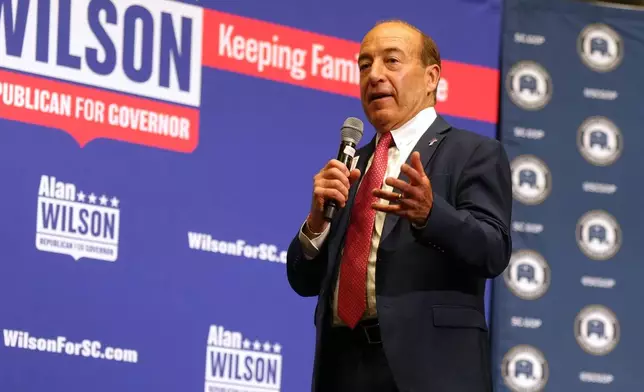 Businessman Mark Lynch speaks at a Senate candidate stump event to ahead of a special GOP primary to select a replacement for the late Sen. Lindsey Graham, R-S.C., Saturday, Aug. 1, 2026, in Lexington, S.C. (AP Photo/Meg Kinnard)