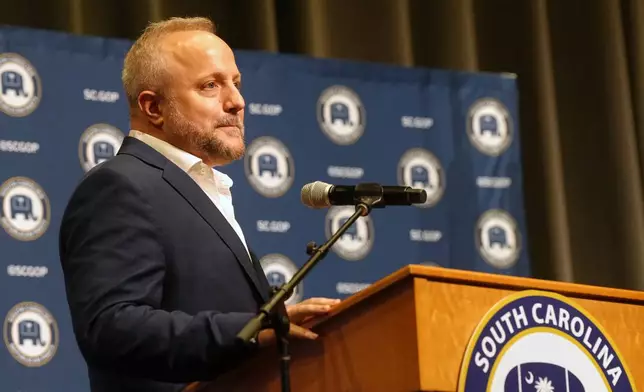 Rep. Russell Fry, R-S.C., speaks at a Senate candidate stump event to ahead of a special GOP primary to select a replacement for the late Sen. Lindsey Graham, R-S.C., Saturday, Aug. 1, 2026, in Lexington, S.C. (AP Photo/Meg Kinnard)