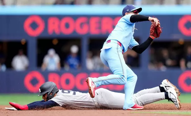 New York Yankees' George Lombard Jr., bottom, steals second base past Toronto Blue Jays shortstop Andrés Giménez, top, during the second inning of a baseball game in Toronto, Sunday, Aug. 16, 2026. (Nathan Denette/The Canadian Press via AP)