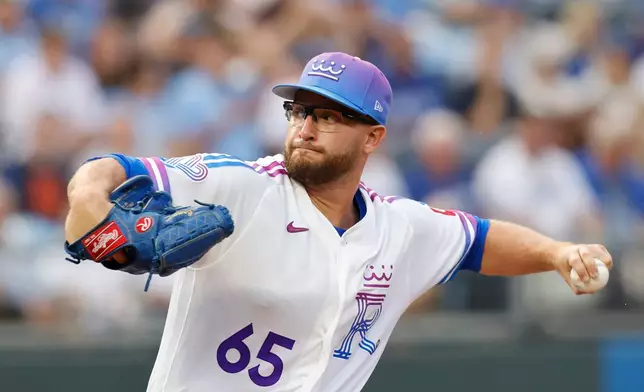 Kansas City Royals pitcher Noah Cameron delivers to a Detroit Tigers batter during the first inning of a baseball game in Kansas City, Mo., Friday, Aug. 21, 2026. (AP Photo/Colin E. Braley)