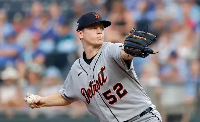 Detroit Tigers pitcher Troy Melton delivers to a Kansas City Royals batter during the first inning of a baseball game in Kansas City, Mo., Friday, Aug. 21, 2026. (AP Photo/Colin E. Braley)