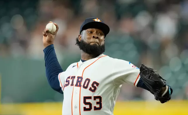 Houston Astros starting pitcher Cristian Javier throws against the Los Angeles Angels during the first inning of a baseball game Tuesday, Aug. 18, 2026, in Houston. (AP Photo/David J. Phillip)